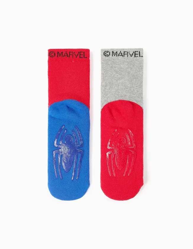 Pack of 2 Non-Slip Terry Socks with Spider-Man for Boys, Blue/Red/Grey