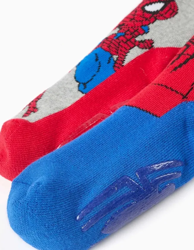 Pack of 2 Non-Slip Terry Socks with Spider-Man for Boys, Blue/Red/Grey