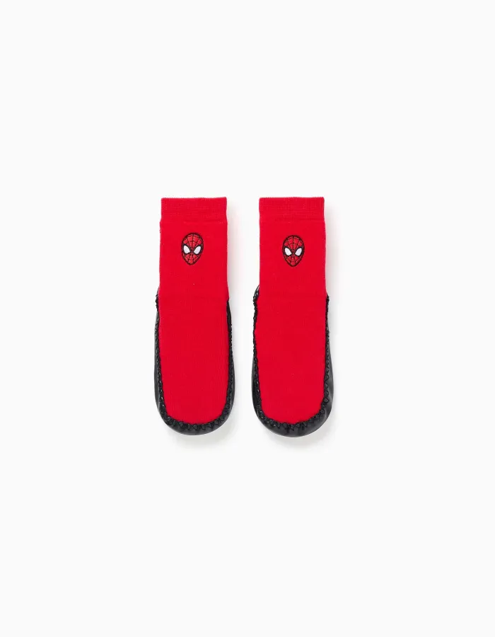 Slipper-socks with non-slip sole and Spider-Man for babies and boys, red