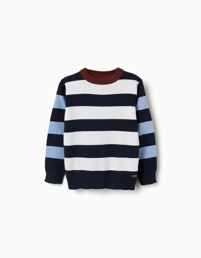 Striped knitted jumper for boys, white/brown/blue