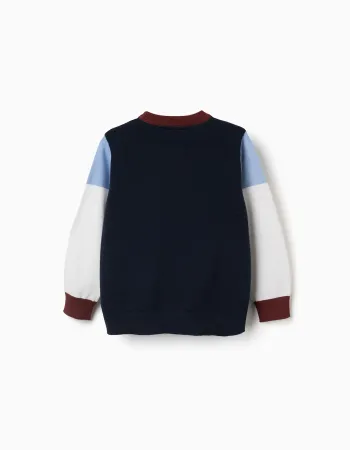 Knitted jumper with colour block for boys, navy blue/white/brown