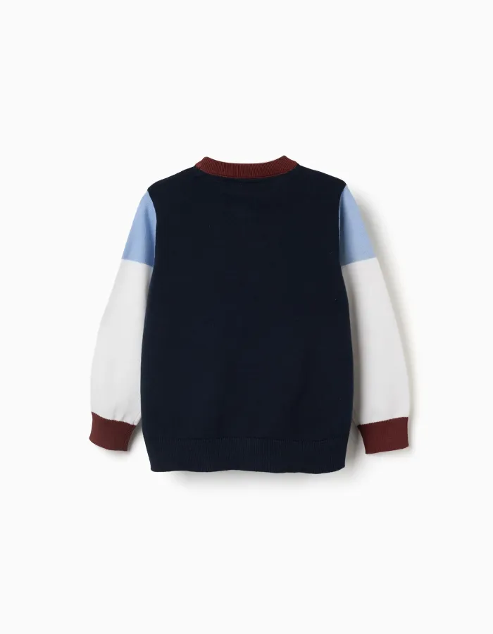 Knitted jumper with colour block for boys, navy blue/white/brown