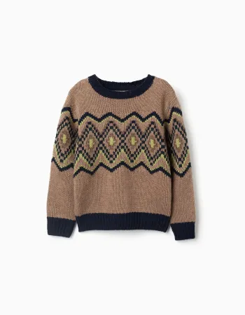 Knitted jumper with jacquard pattern for boys, beige/blue/green