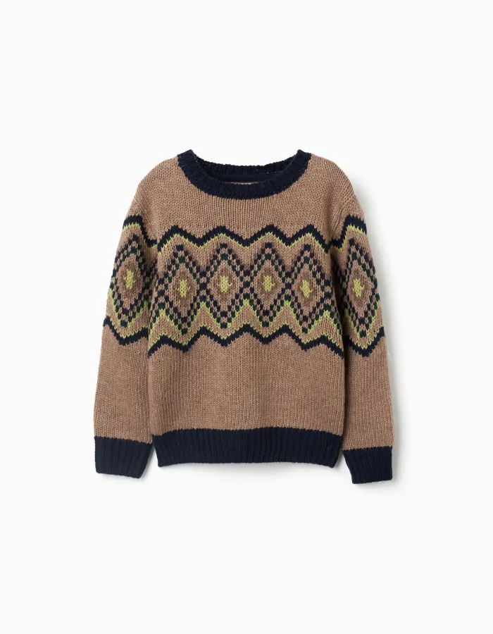 Knitted jumper with jacquard pattern for boys, beige/blue/green