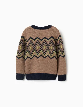 Knitted jumper with jacquard pattern for boys, beige/blue/green