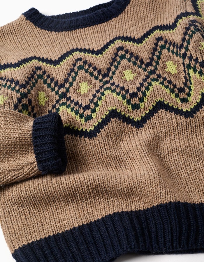 Knitted jumper with jacquard pattern for boys, beige/blue/green