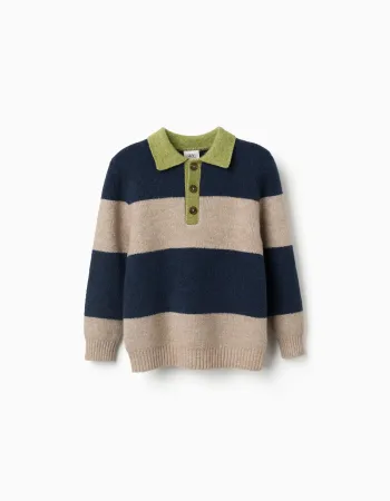 Knitted jumper with stripes for boys, navy blue/beige/green