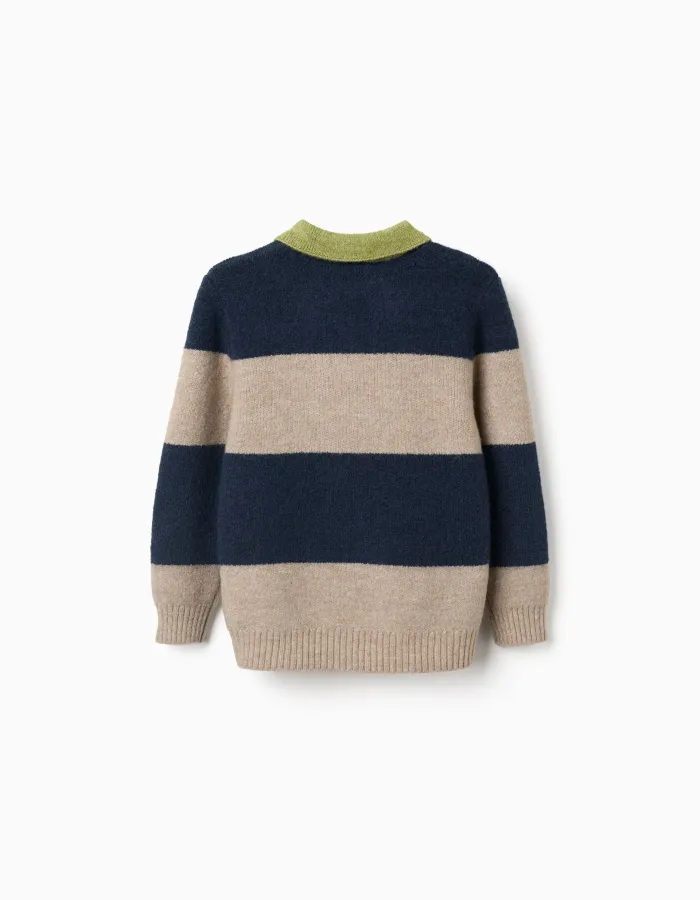 Knitted jumper with stripes for boys, navy blue/beige/green