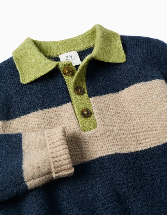 Knitted jumper with stripes for boys, navy blue/beige/green