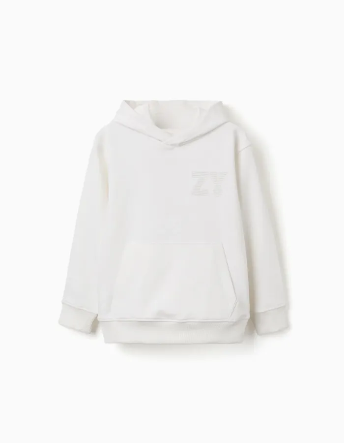 Hooded sweatshirt with ZY embossed print for boys, white