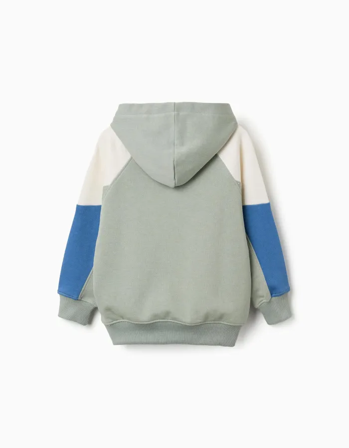 Hooded cotton sweatshirt for boys, green/beige/blue