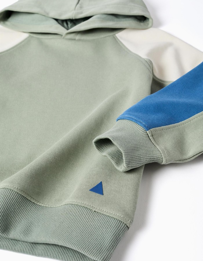 Hooded cotton sweatshirt for boys, green/beige/blue