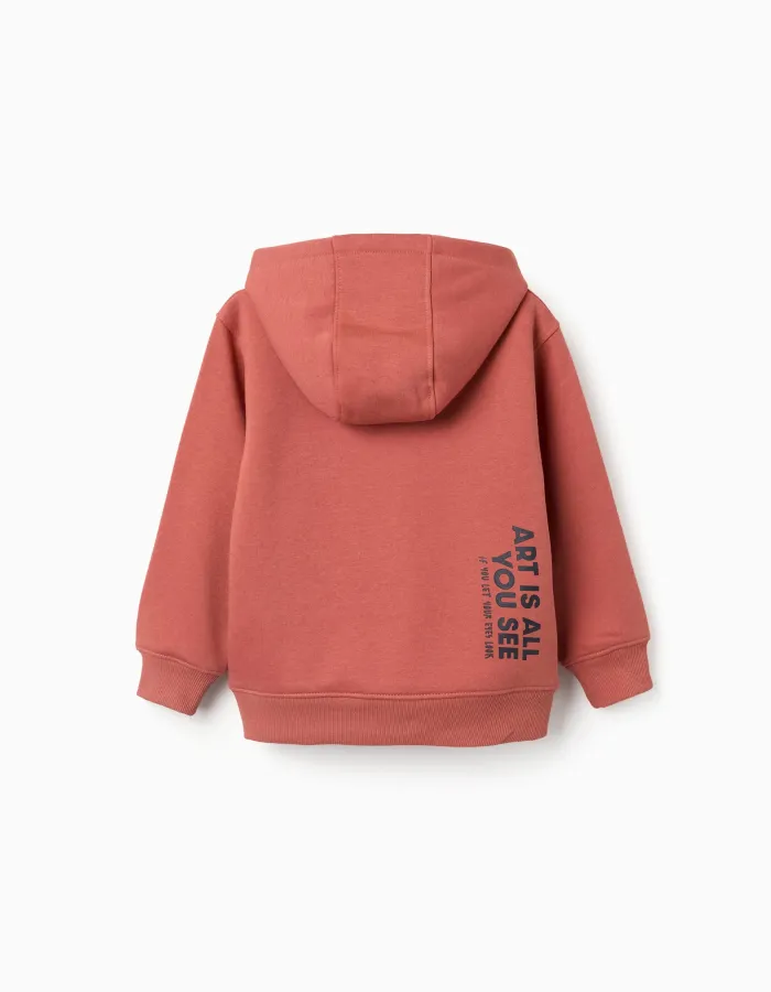 Brushed hooded sweatshirt with print for boys, terracotta