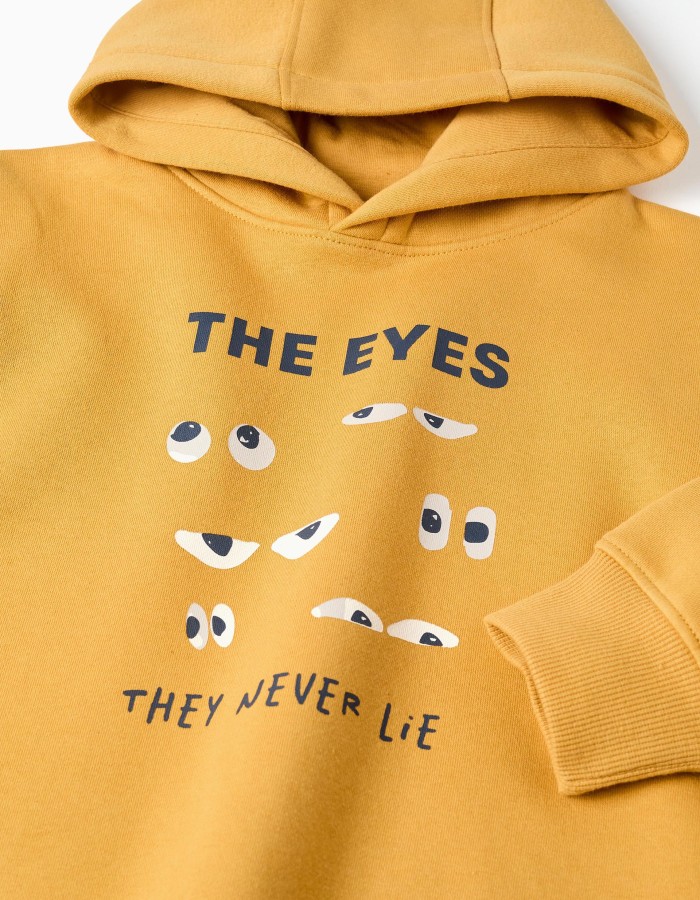 Brushed hooded sweatshirt with print for boys, yellow