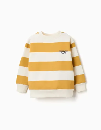 Striped brushed sweatshirt with print for boys, white/yellow