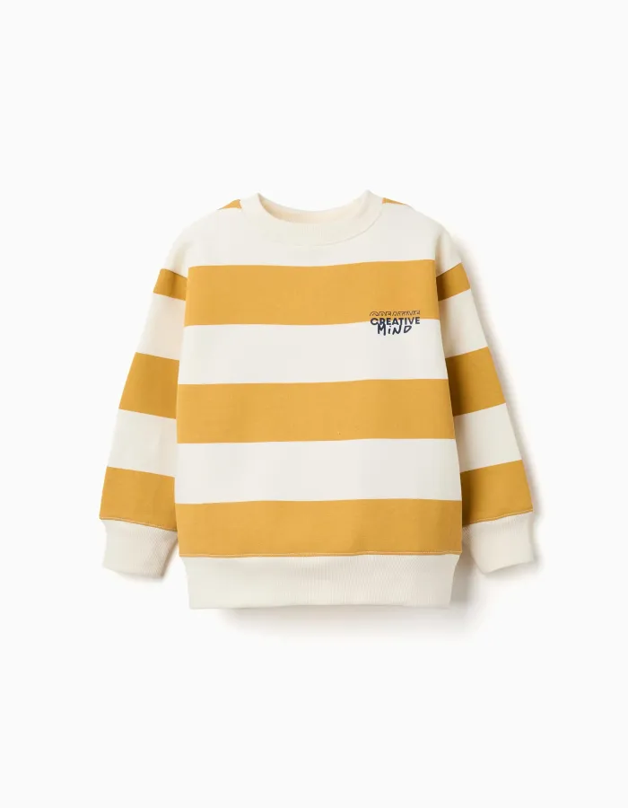 Striped brushed sweatshirt with print for boys, white/yellow