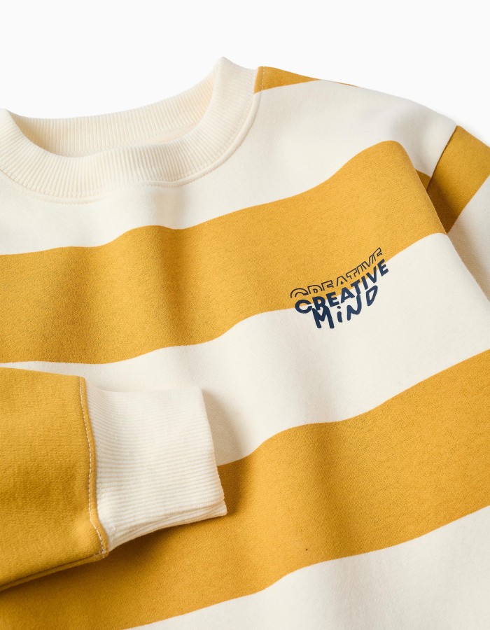 Striped brushed sweatshirt with print for boys, white/yellow