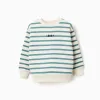 Striped brushed sweatshirt with print for boys, white/blue-green