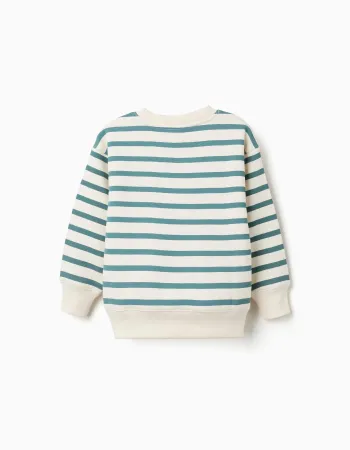 Striped brushed sweatshirt with print for boys, white/blue-green
