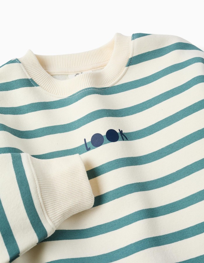 Striped brushed sweatshirt with print for boys, white/blue-green