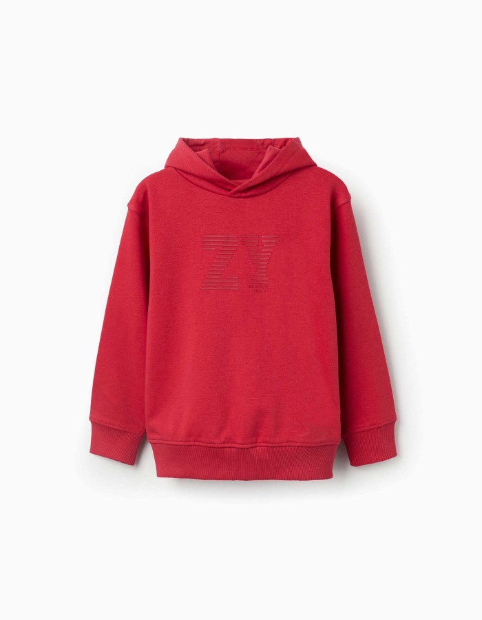 Hooded sweatshirt with ZY embossed print for boys, red
