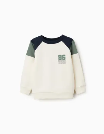 Brushed cotton sweatshirt with 96 print for boys, white/blue/green