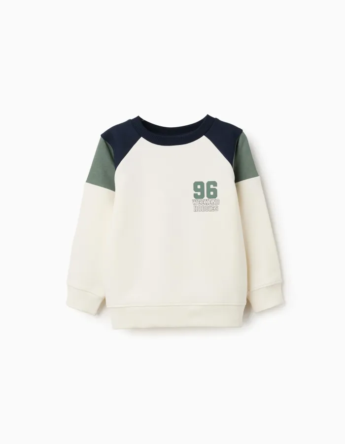 Brushed cotton sweatshirt with 96 print for boys, white/blue/green