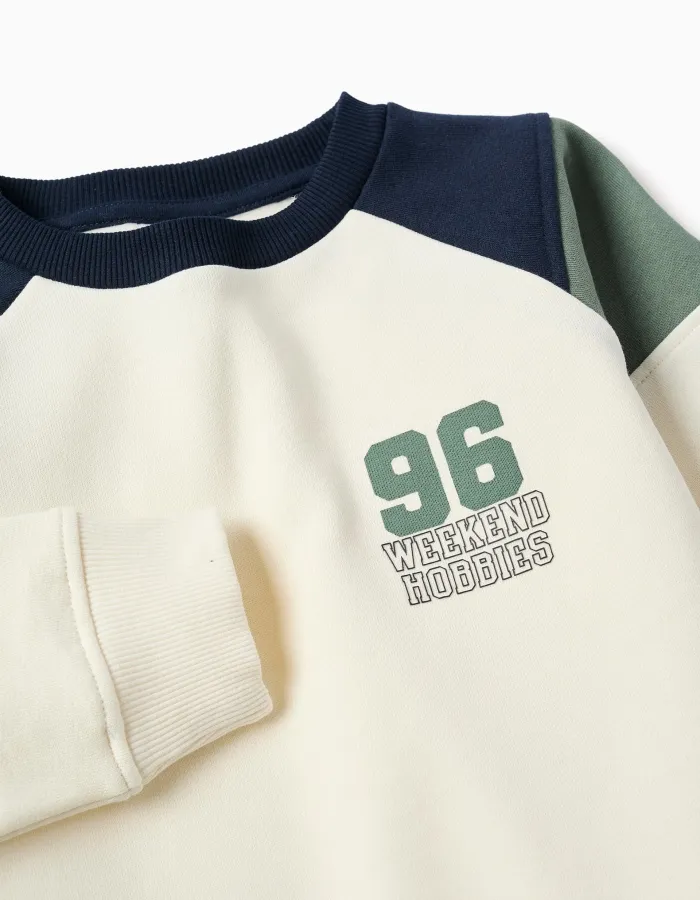 Brushed cotton sweatshirt with 96 print for boys, white/blue/green
