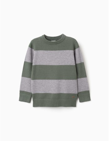 Striped knitted jumper for boys, green/grey