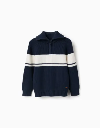 Knitted half-zip jumper with stripes for boys, navy blue/white
