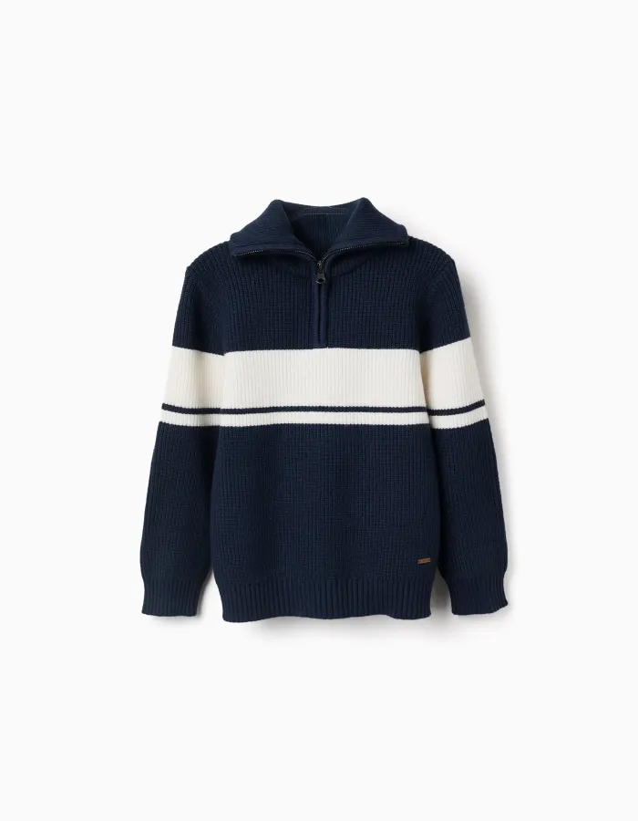 Knitted half-zip jumper with stripes for boys, navy blue/white