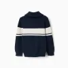 Knitted half-zip jumper with stripes for boys, navy blue/white