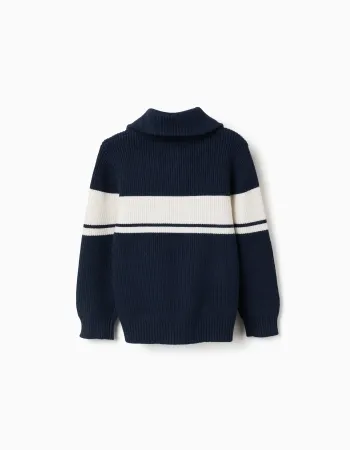 Knitted half-zip jumper with stripes for boys, navy blue/white
