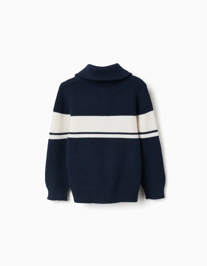 Knitted half-zip jumper with stripes for boys, navy blue/white