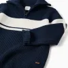 Knitted half-zip jumper with stripes for boys, navy blue/white