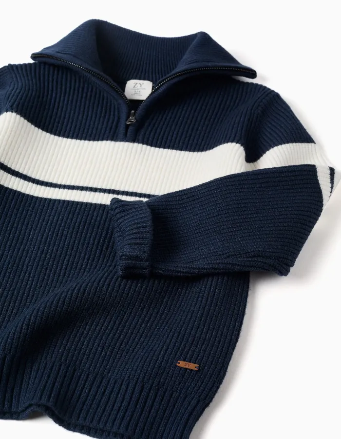 Knitted half-zip jumper with stripes for boys, navy blue/white