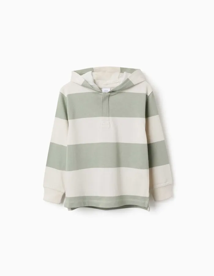 Hooded cotton sweatshirt with stripes for boys, light beige/green