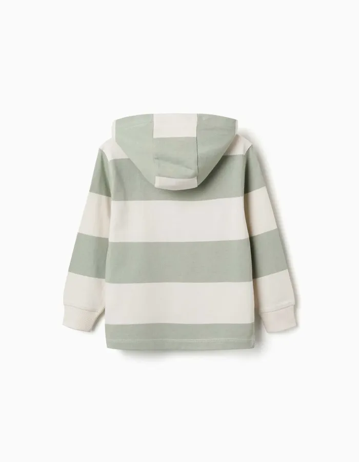 Hooded cotton sweatshirt with stripes for boys, light beige/green