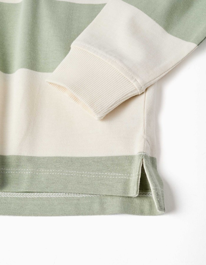 Hooded cotton sweatshirt with stripes for boys, light beige/green