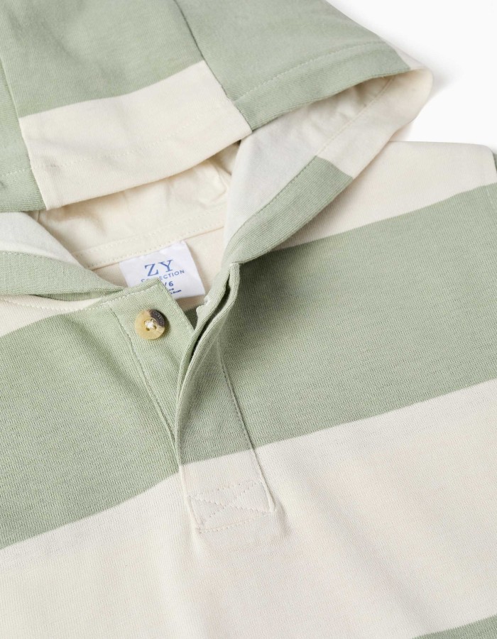 Hooded cotton sweatshirt with stripes for boys, light beige/green
