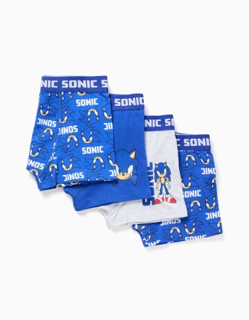 Pack of 4 boxer shorts with Sonic prints for boys, blue/light grey