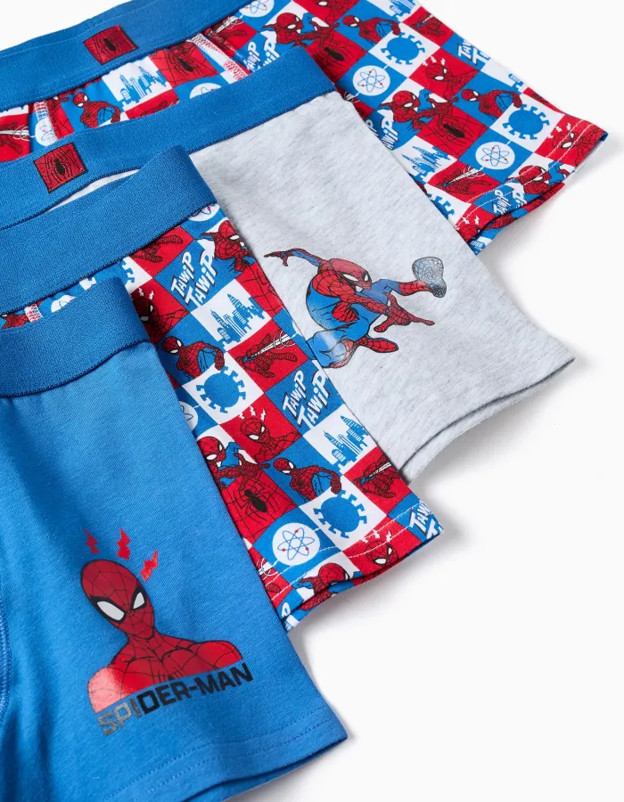 Pack of 4 cotton boxer shorts with Spider-Man prints for boys, blue/grey