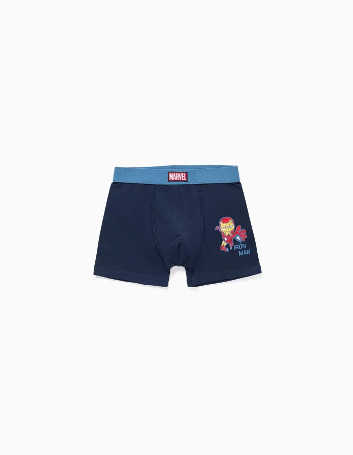 Pack of 4 cotton boxer shorts with Marvel prints for boys, blue/grey