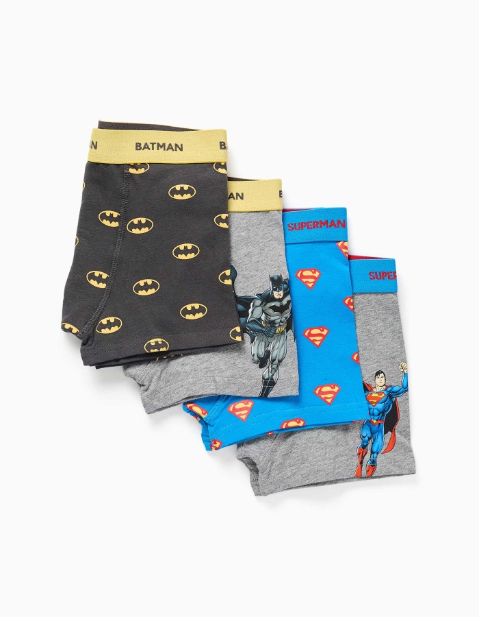Pack of 4 cotton boxer shorts Batman and Superman for boys, blue/grey