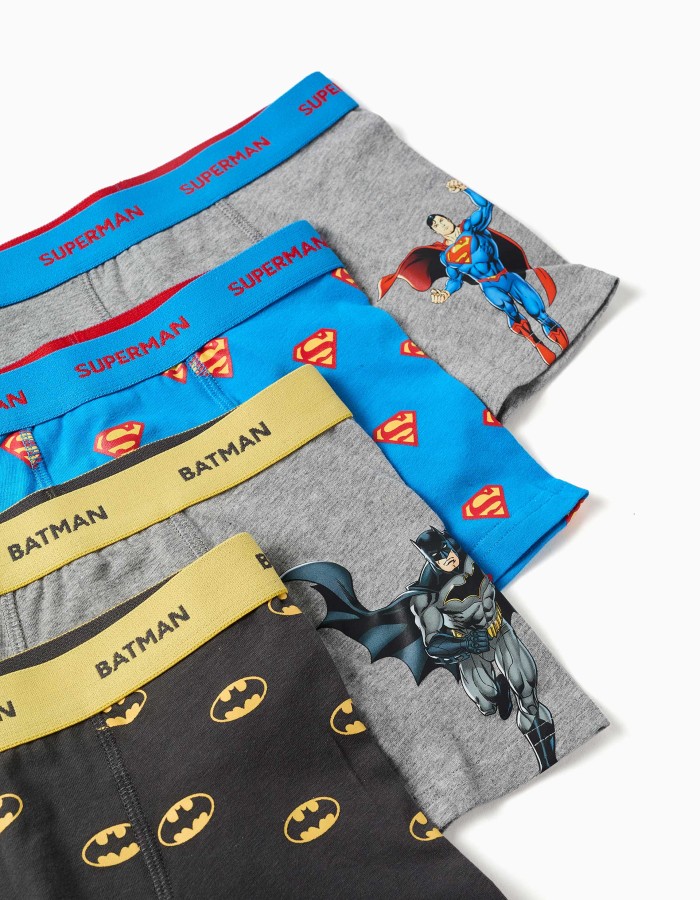 Pack of 4 cotton boxer shorts Batman and Superman for boys, blue/grey