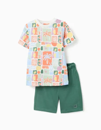 Cotton T-shirt with beach print + shorts for boys, multicolored