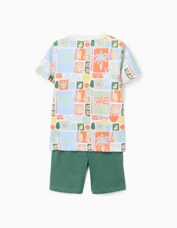 Cotton T-shirt with beach print + shorts for boys, multicolored