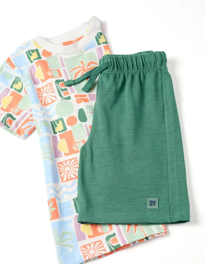 Cotton T-shirt with beach print + shorts for boys, multicolored