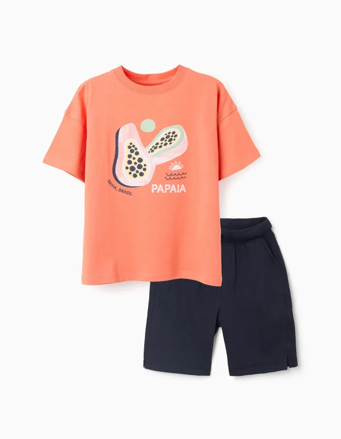 Printed T-shirt and shorts for boys, orange/dark blue