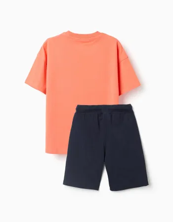 Printed T-shirt and shorts for boys, orange/dark blue